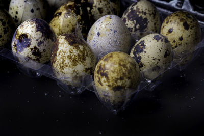 Close-up of quail eggs against black background