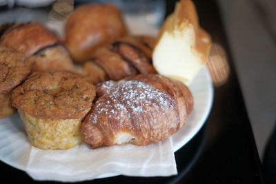 High angle view of bread in plate on table