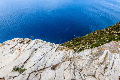 High angle view of rock formations by sea