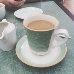 High angle view of coffee cup on table