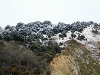 Low angle view of rocks against clear sky