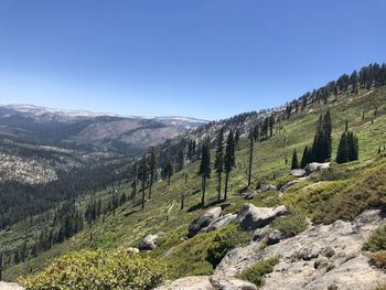 Scenic view of mountains against clear blue sky