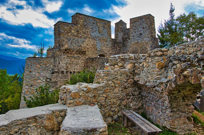 Low angle view of old building against cloudy sky