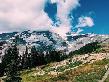 Scenic view of snowcapped mountains against sky