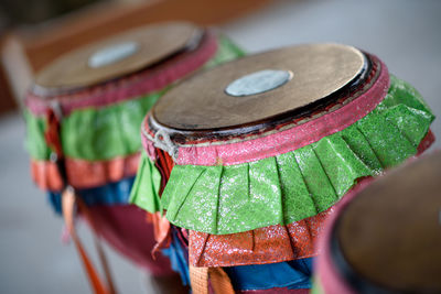 High angle view of drums