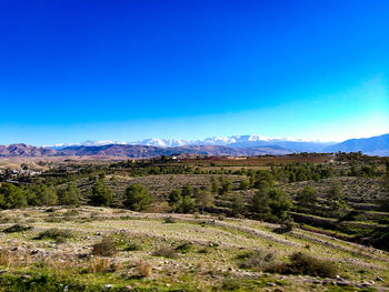 Scenic view of landscape against clear blue sky