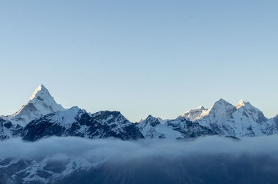 Scenic view of snowcapped mountains against clear sky