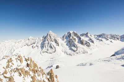 Scenic view of snowcapped mountains against clear blue sky