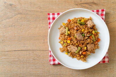 High angle view of food in plate on table