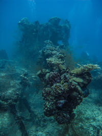 View of a sinking warship underwater 