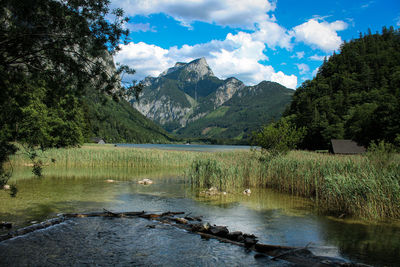 Scenic view of lake and mountains against sky
