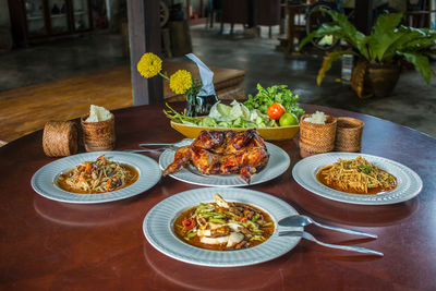 Close-up of food served on table