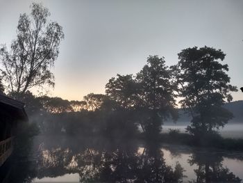 Silhouette trees by lake in forest against sky at sunset