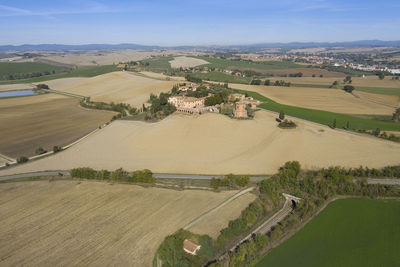 Aerial panoramic view of the hamlet of the medieval town of lucignano d'arbia, tuscany italy