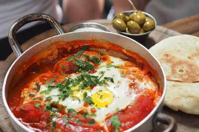 High angle view of soup in bowl on table