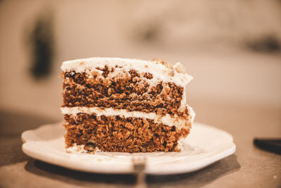 Close-up of cake in plate on table