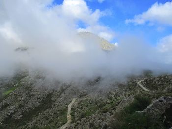 Scenic view of volcanic mountain against sky