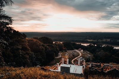 High angle view of townscape against sky during sunset