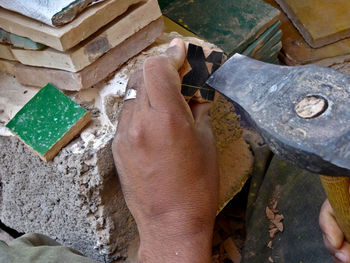 High angle view of person working on wood