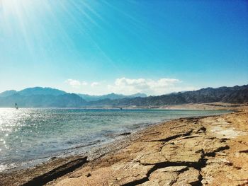 Scenic view of beach against blue sky