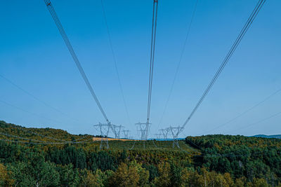 Electricity pylons on land against clear blue sky