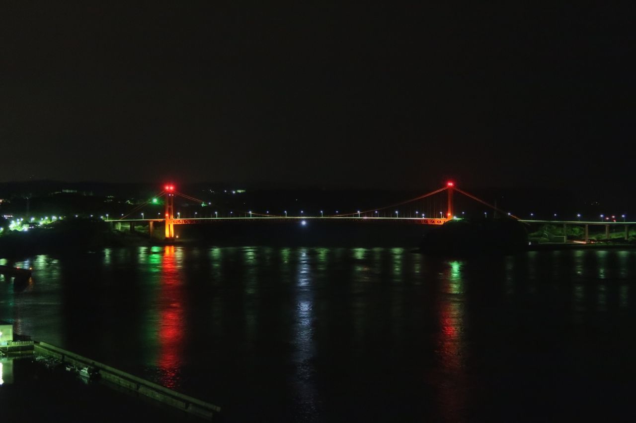 ILLUMINATED BRIDGE OVER RIVER AGAINST SKY