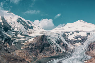 Panoramic view of johannisberg peak and pasterze glacier, austria's largest glacier .