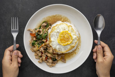 Khao pad kra pao gai kai dao, thai food, rice topped with basil stir fried chicken and fried egg