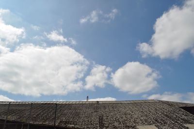 Low angle view of roof against blue sky