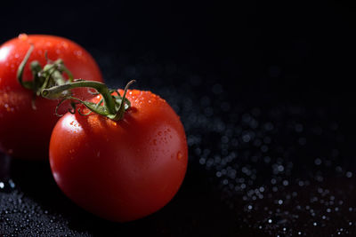 Close-up of wet tomatoes on table