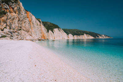 Scenic view of sea against clear blue sky