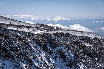 Scenic view of sea and snowcapped mountains against sky