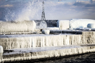 Snow on farm against sky during winter