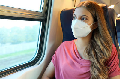 Close-up of woman sitting in train