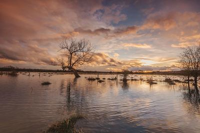 Scenic view of calm lake against cloudy sky