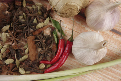 High angle view of vegetables on table