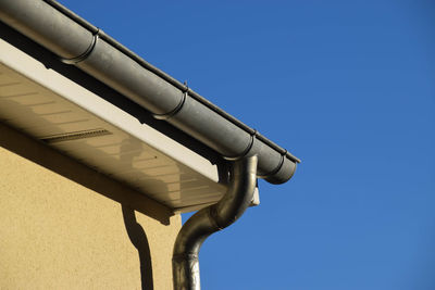 Low angle view of roof against clear blue sky