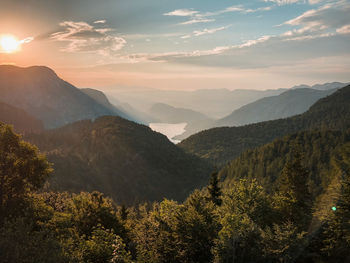 Scenic view of mountains against sky during sunset