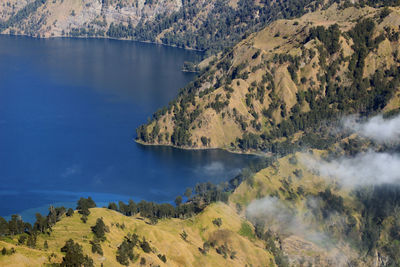 High angle view of mountains and lake