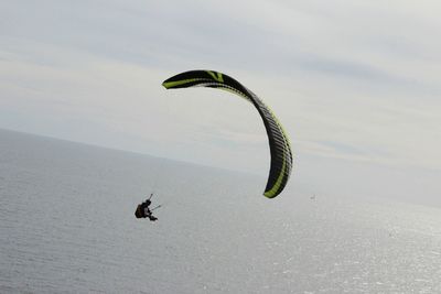 Horse flying over water against sky