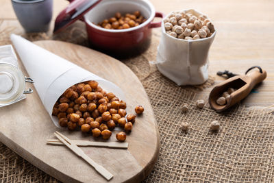 High angle view of breakfast on table