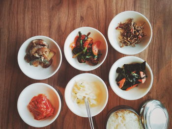 High angle view of meal served on table