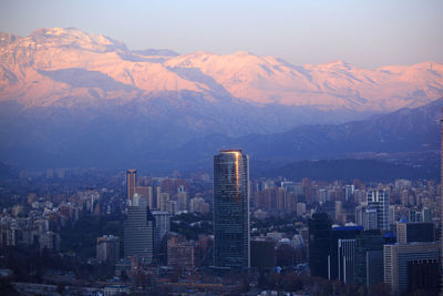 Aerial view of city and mountains against sky