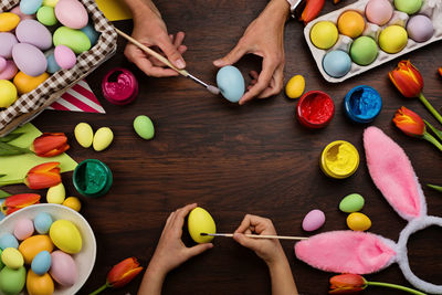 High angle view of multi colored candies on table