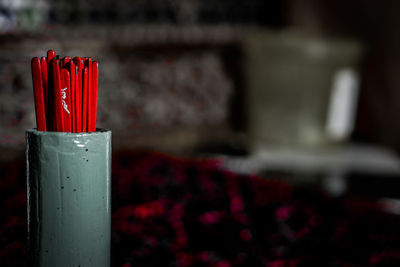 Close-up of red flower in building