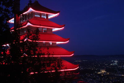 Illuminated temple against sky at night