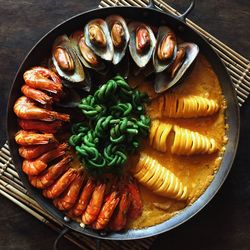 High angle view of seafood in plate on table