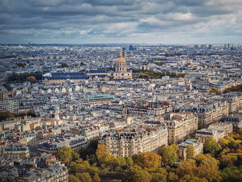 Aerial view of paris cityscape, france. les invalides building with golden dome. autumn parisian