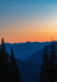 Scenic view of mountains against clear sky during sunset