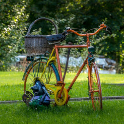 Bicycle in basket on field